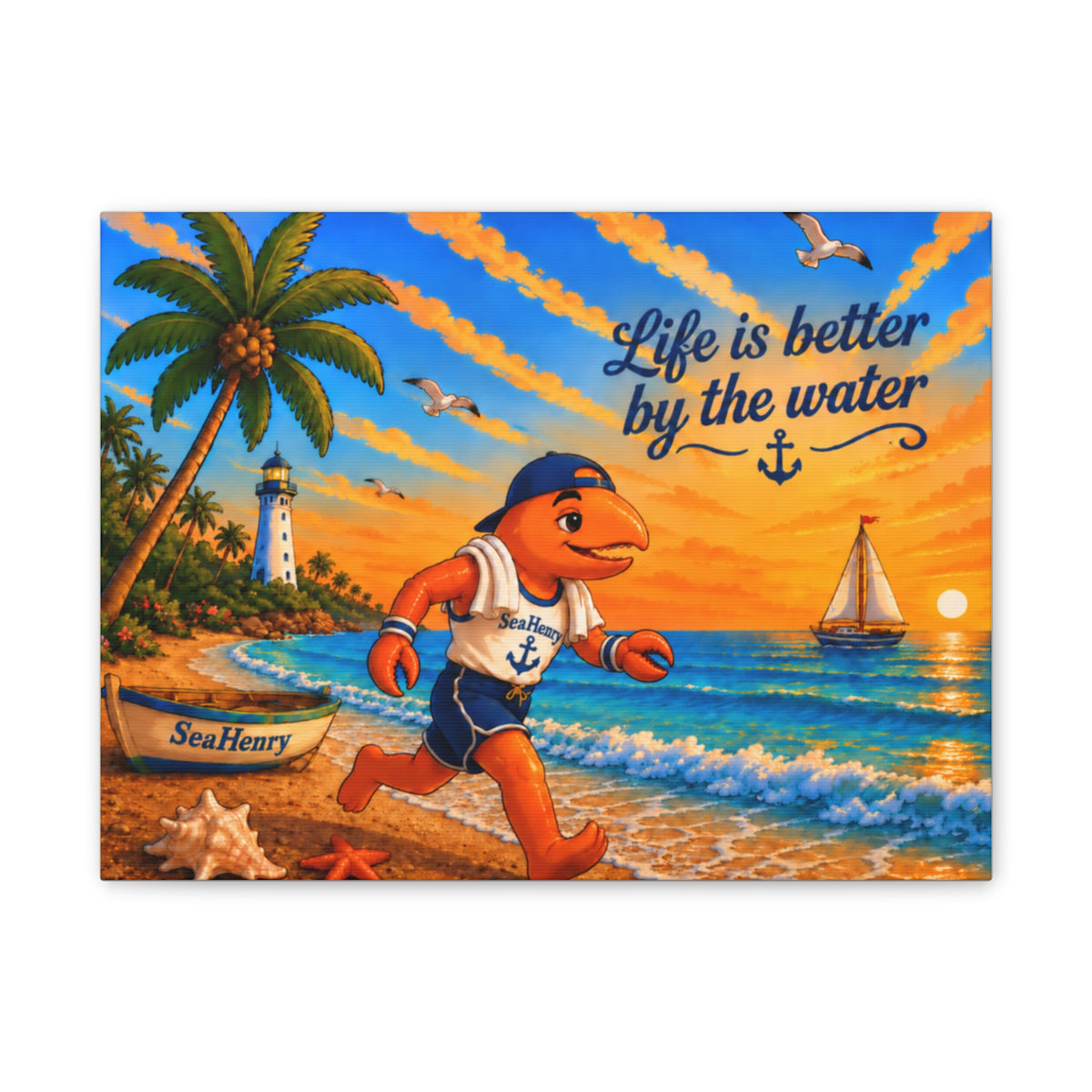 #022 Henry Jogging – Life Is Better by the Water – SeaHenry 16×12 Canvas Wall Art