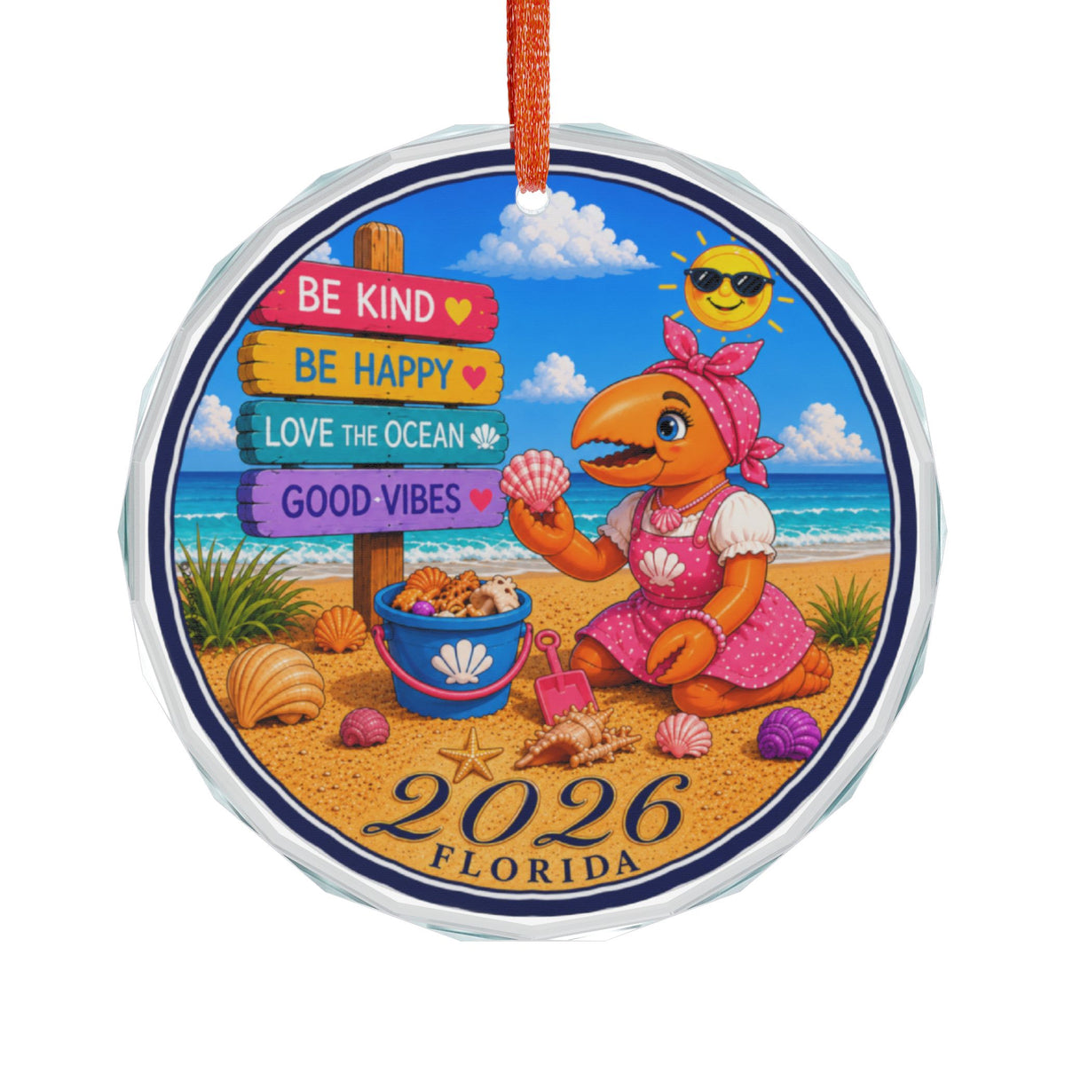 #006 Beach Buddy Girl – Florida 2026 Glass Ornament