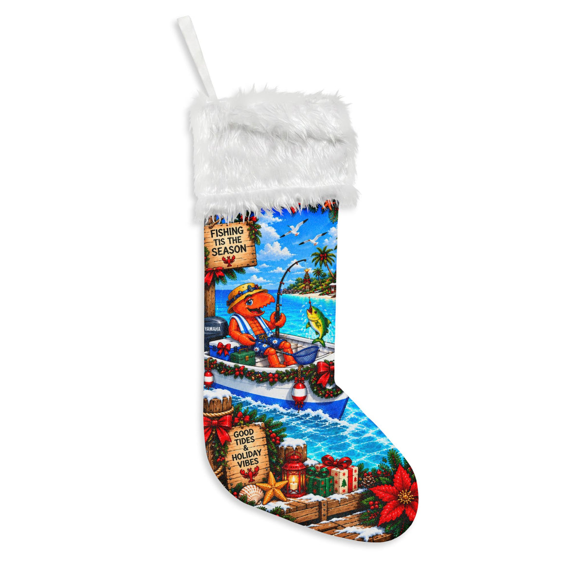 005 Fishing Henry Mascot Christmas Stocking  Flannel Holiday Stocking with Fuzzy Cuff