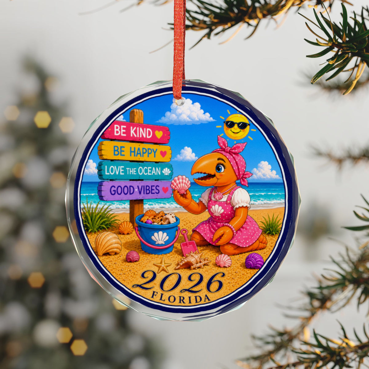 #006 Beach Buddy Girl – Florida 2026 Glass Ornament
